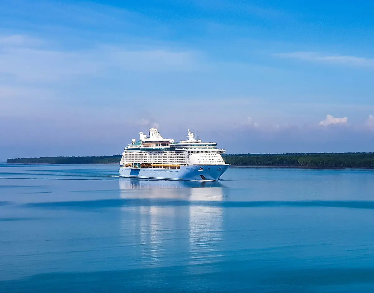 ocean liner on pristine, flat, blue ocean