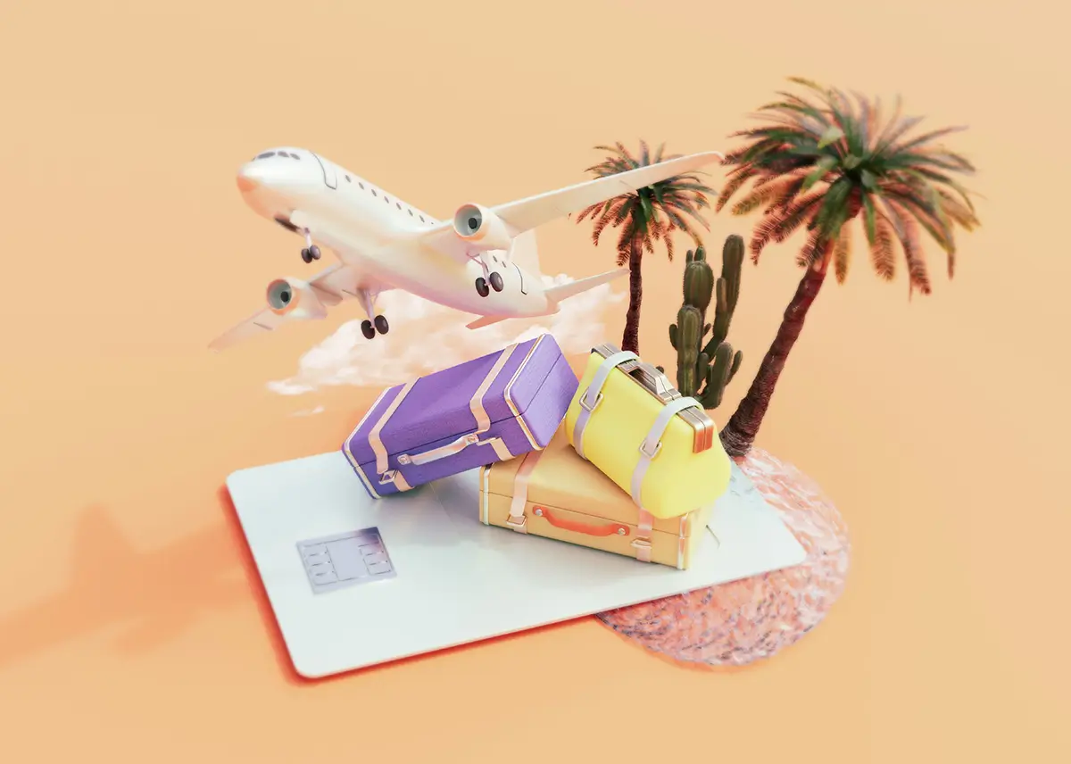 3d illustration of travel objects - bags, credit card, airplane, palm trees