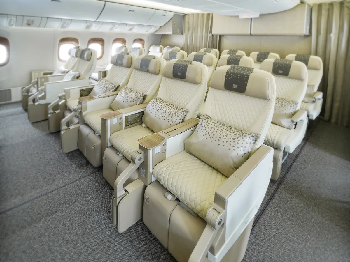 View of premium economy seats in an Emirates plane